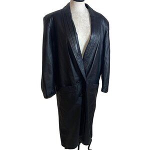 G 111 Vintage Womens Coat Size L Black Leather Trench Pockets Pleated Side Slit